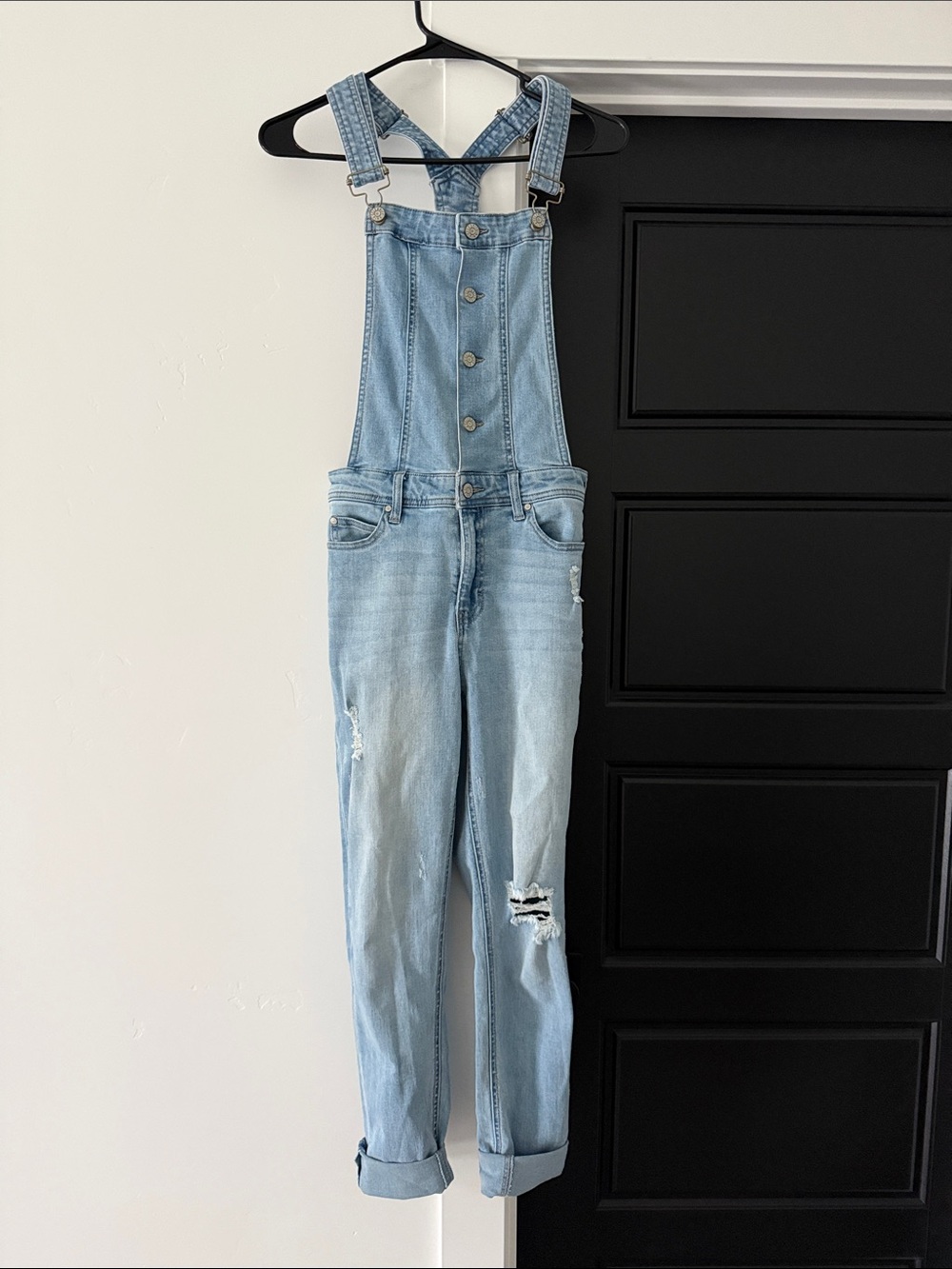 Light Wash Denim Overalls with Distressed Knees